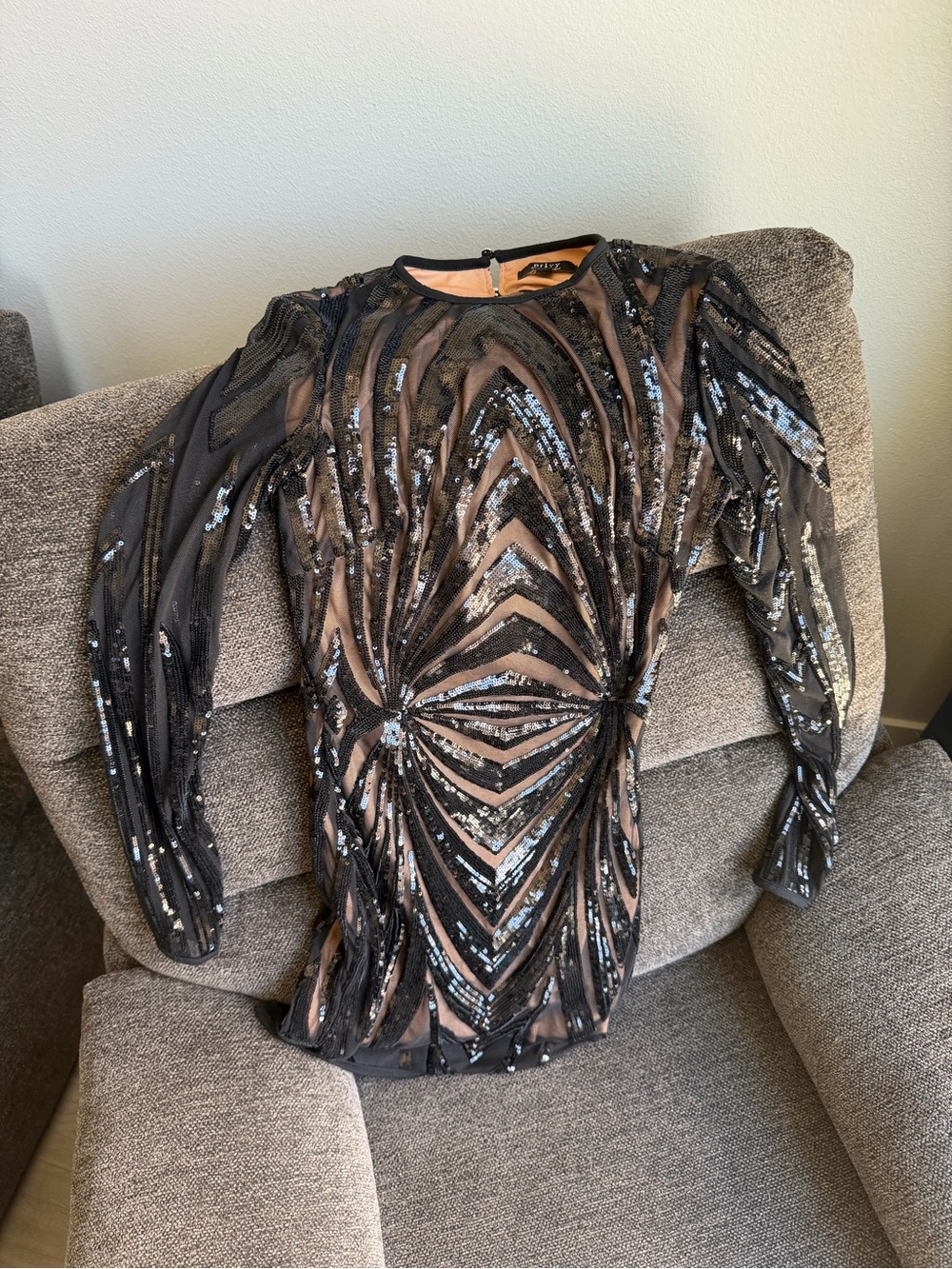 Short length sequin dress with nude lining and a lace up open back Privy size S